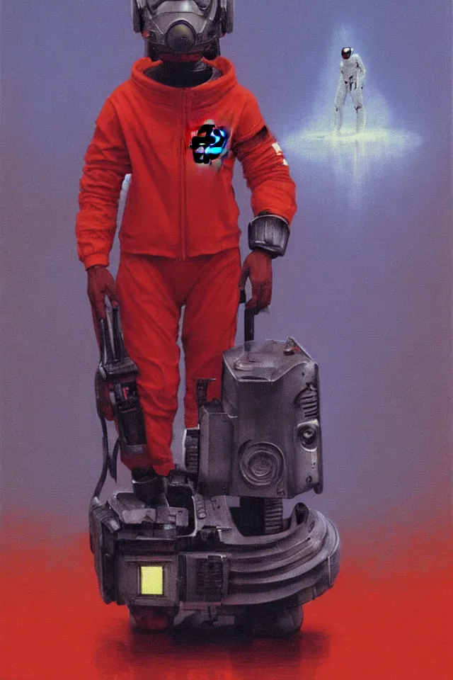 Image similar to CHAPPIE In A Red Adidas Track Suit, full figure, stormy weather, extremely detailed masterpiece, low-key neon lighting, artstation, 2001: A Space Odyssey, Roger Deakin’s cinematography, by J. C. Leyendecker and Peter Paul Rubens and Edward Hopper and Michael Sowa