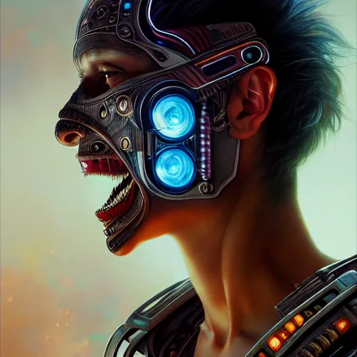 Image similar to portrait painting of a proud cyberpunk maori warrior laughing, ultra realistic, concept art, intricate details, eerie, highly detailed, photorealistic, octane render, 8 k, unreal engine. art by artgerm and greg rutkowski and magali villeneuve and alphonse mucha