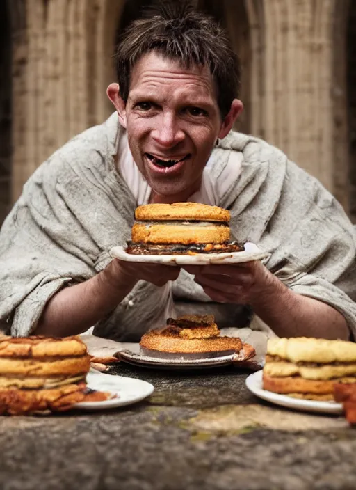 Image similar to closeup portrait of a medieval goblin eating cakes in the cloisters, depth of field, zeiss lens, detailed, symmetrical, centered, fashion photoshoot, by Annie Leibovitz and Steve McCurry, David Lazar, Jimmy Nelsson, Breathtaking, 8k resolution, extremely detailed, beautiful, establishing shot, artistic, hyperrealistic, beautiful face, octane render