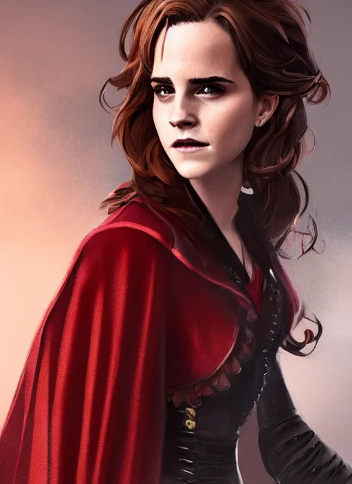 Image similar to a highly detailed illustration of emma watson as a long dark red haired wearing wine red epaulette uniform and coat cape, dramatic smiling pose, perfect face, intricate, elegant, highly detailed, centered, digital painting, artstation, concept art, smooth, sharp focus, league of legends concept art, wlop