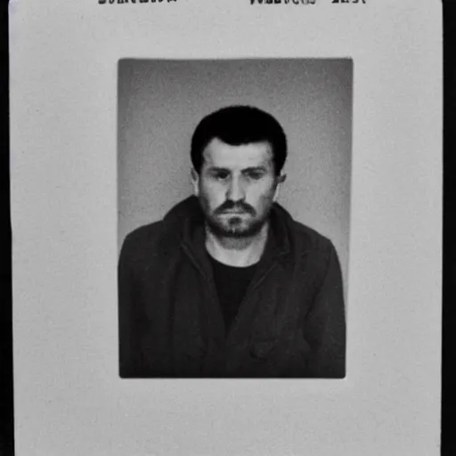 Prompt: Mugshot of 32 year old David Svrzikapa, the man who shot and killed Macedonian general Petvqar Sugarev, 1986
