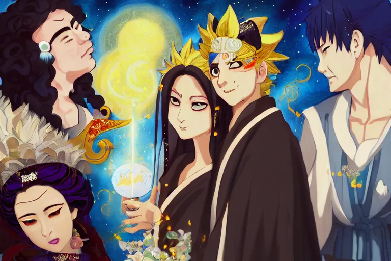 Prompt: a cinematic portrait of wedding photograph jpeg close up moment of a divine a japan sun god and moon goddess lovers magician at a wedding banquet. portraiture. digital painting. artstation. concept art. wedding photo. digital painting. naruto the movie art masterpiece by art by krenz cushart