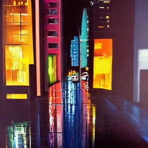 Image similar to city streetscape, dark road with cars, people at night, tall buildings with shops below at street level, neon lights above shops, headlights and stop lights illuminating surroudings, raining, very dark lighting, abstract oil painting, 1 9 8 2 aesthetic