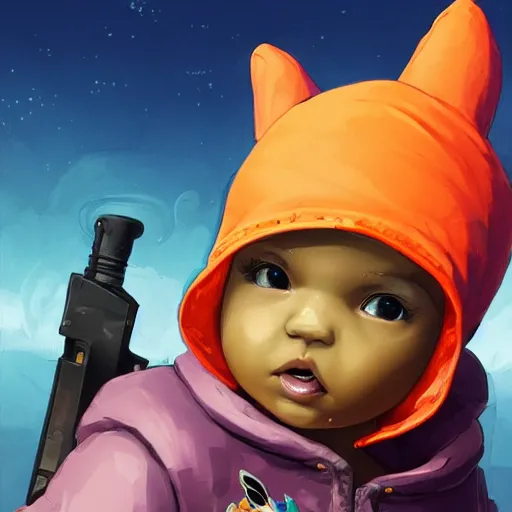 Image similar to baby Angel, baby cherub,wearing angel halo, ski mask, balaclava, face covered, wearing angel halo covered face, orange hoodie, hip hop, multiple golden necklaces, fantasy art apex fortnite Video game icon, 2d game art gta5 cover , official fanart behance hd artstation by Jesper Ejsing, by RHADS, Makoto Shinkai and Lois van baarle, ilya kuvshinov, rossdraws