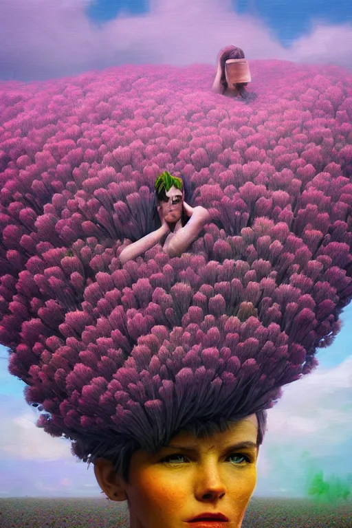 Prompt: closeup, giant flowers head mohawk, a woman in heather field, surreal photography, starlight, storm clouds, impressionist painting, digital painting, artstation, simon stalenhag