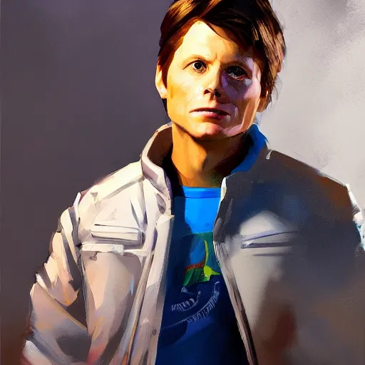 Image similar to greg manchess portrait painting of marty mcfly from back to the future as overwatch character, medium shot, asymmetrical, profile picture, organic painting, sunny day, matte painting, bold shapes, hard edges, street art, trending on artstation, by huang guangjian, gil elvgren, ruan jia, randy vargas, greg rutkowski