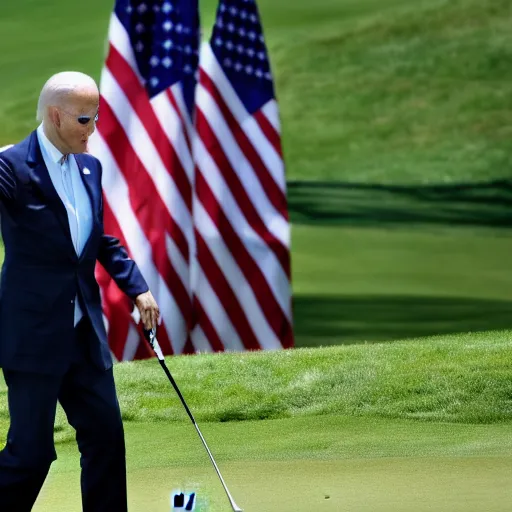 Image similar to joe biden holds the flagpin for xi jingping while he putts on a golf green. official media.