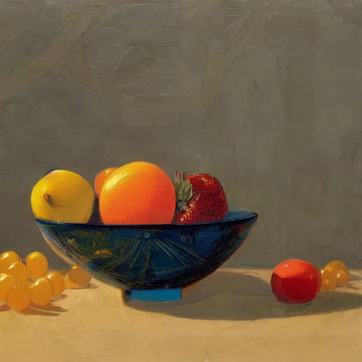 Prompt: in the style of Vincent Di Fate and Chris Moore, a bowl of fruits, very highly detailed, 8k, wallpaper