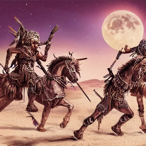 Prompt: a desert warrior tribe called the moon men, highly detailed and intricate 8 k fantasy art concept illustration