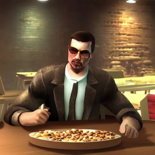 Prompt: jc denton from deus ex eats cereal at a table, liberty island, high quality, photorealistic, highly detailed face, smooth, sharp focus, 4 k, hd