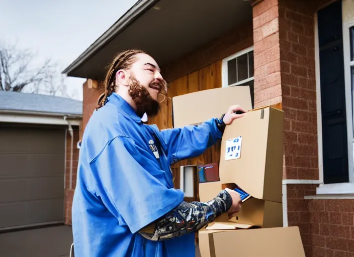 Image similar to dslr photo still of post malone as a postal worker mailman putting letters in mailbox and delivering packages to door, 8 k, 8 5 mm f 1 6