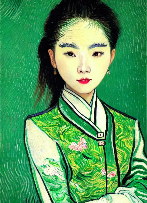 Image similar to portrait of a beautiful chinese shanghai city girl, danfeng eyes, open mouth, green shades, beautiful face, rule of thirds, intricate outfit, spotlight, painting by van gogh, digital