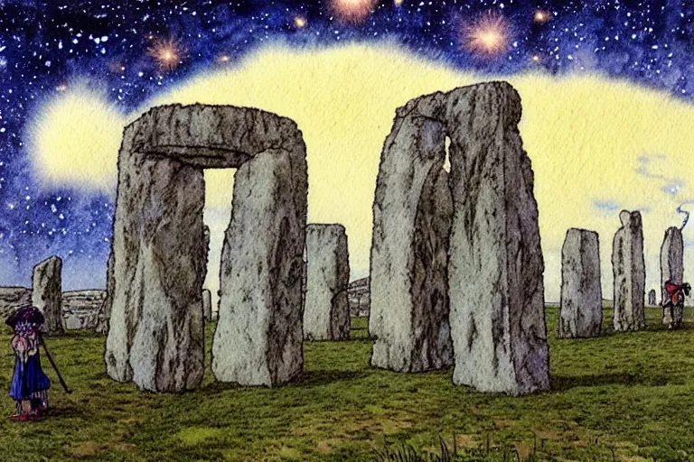 Image similar to hyperrealist studio ghibli watercolor fantasy concept art of a 1 0 0 ft. giant sitting on stonehenge. it is a misty starry night. by rebecca guay, michael kaluta, charles vess