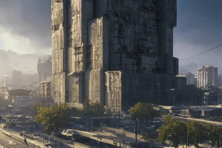 Image similar to streetscape, a towering cathedral of brutalist architecture, buildings covered with greebles, stunning volumetric light, sunset, metal, concrete and translucent material, stunning skies, majestic landscape, trending on Artstation, 8k, photorealistic, hyper detailed, unreal engine 5, IMAX quality, cinematic, epic lighting, in the style of Greg Rutkowski