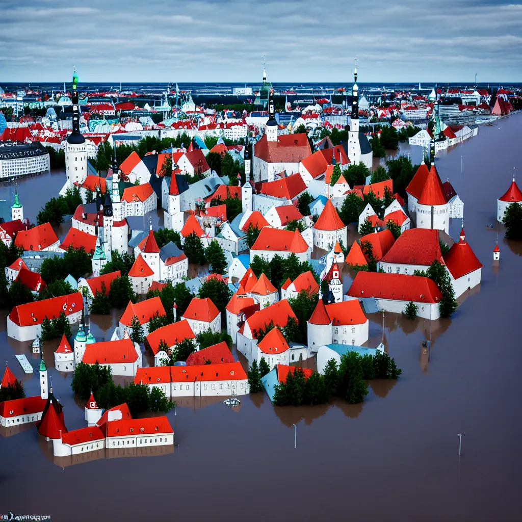 Image similar to Tallinn, capital of estonia, suffering from floods from the sea due to climate change in the year 2100, street photography by Henri Cartier-Bresson, ultra detailed, 8k,