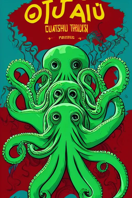 Prompt: a movie poster for the film (green Octopus and Cthulhu dancing) by Tom Whalen, highly detailed, award winning creature portrait, fantasy, artstation