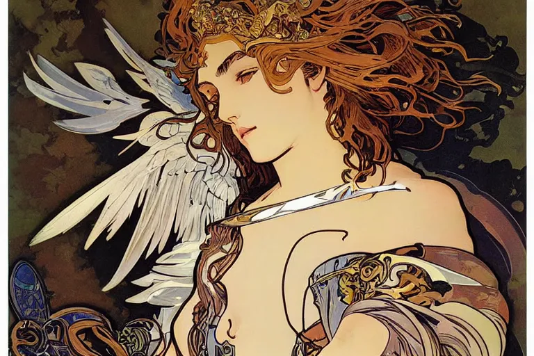 Image similar to A Nike Goddess of Victory with wings by Alphonse Mucha and Yoji Shinkawa in the syle of Art Noveau