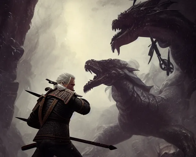 Image similar to 5 5 mm portrait photo of geralt fighting a 5 headed hydra. magical atmosphere. art by greg rutkowski. highly detailed 8 k. intricate. lifelike. soft light. nikon d 8 5 0.