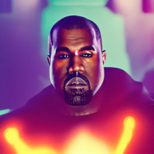 Image similar to Portrait of Kanye West as thanos, splash art, movie still, cinematic lighting, dramatic, octane render, long lens, shallow depth of field, bokeh, anamorphic lens flare, 8k, hyper detailed, 35mm film grain