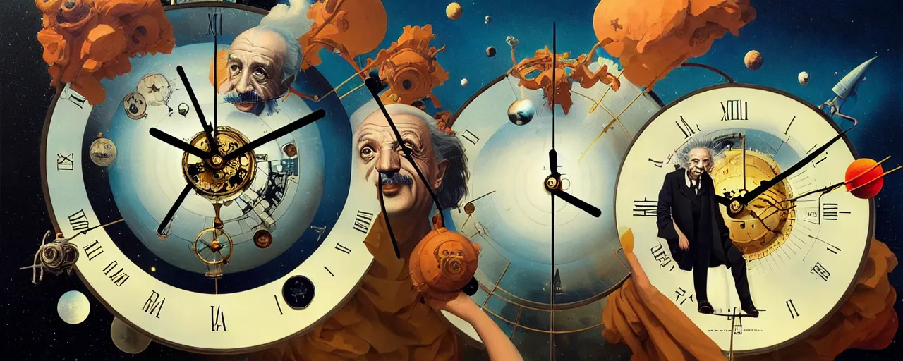 Prompt: duotone surrealist illustration 3 / 4 portrait of albert einstein measuring time on salvadore dali clock in outer space. golden ratio accidental renaissance. by sachin teng and sergey kolesov and ruan jia and heng z. graffiti art, scifi, fantasy, hyper detailed. octane render. concept art. trending on artstation