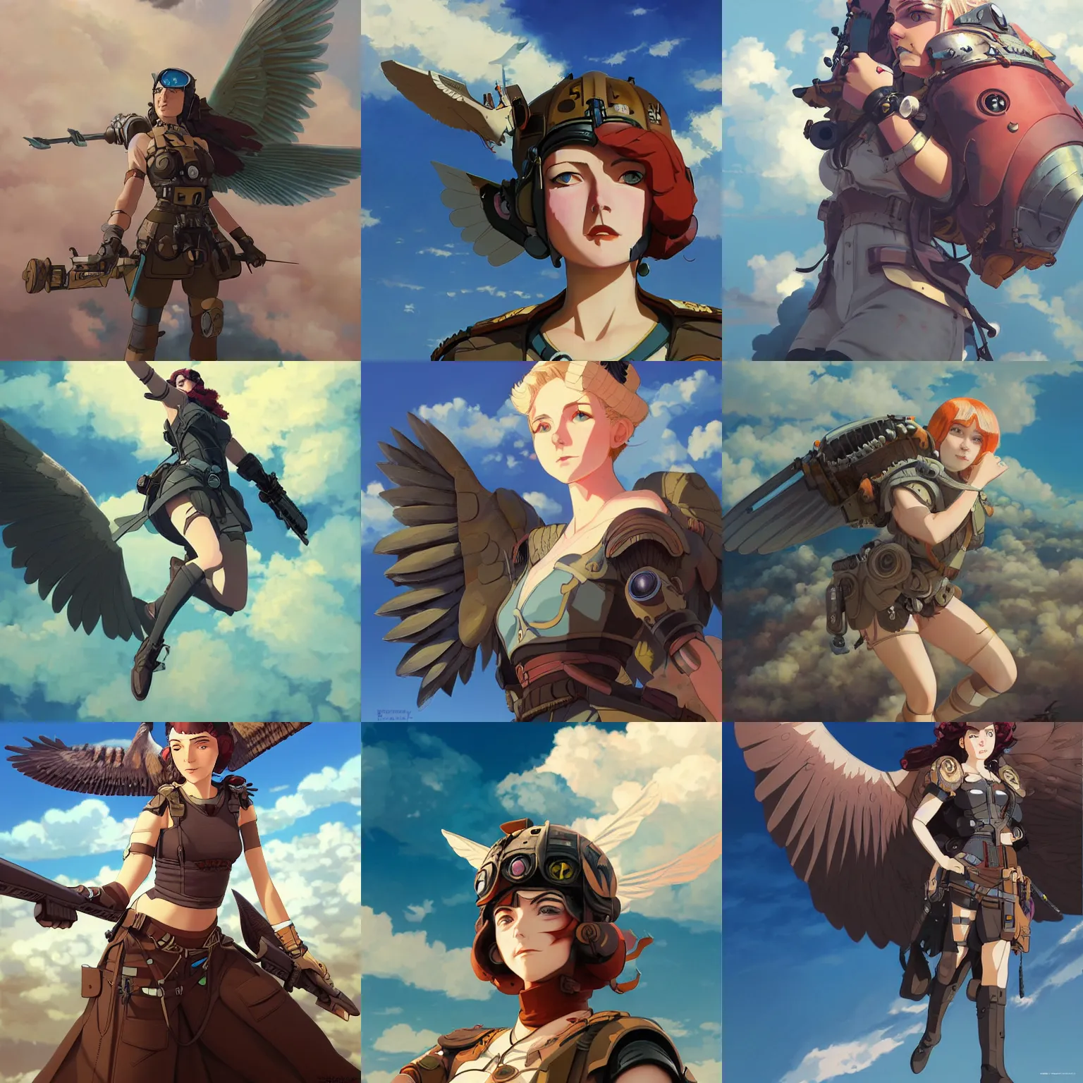 Prompt: portrait of a dieselpunk valkyrie taking flight into a vivid sky, highly detailed, digital painting, studio ghibli key visual, in the style of ilya kuvshinov and krenz cushart