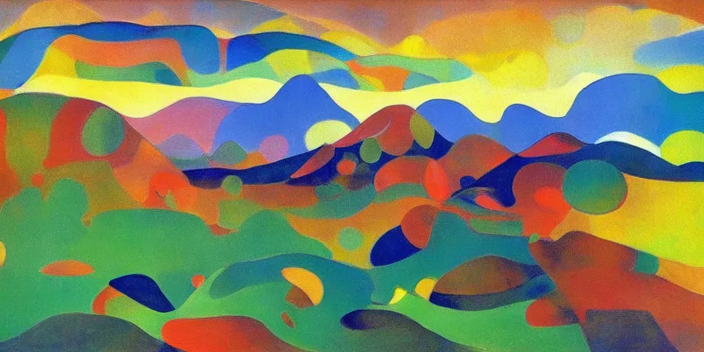 Image similar to A modernist landscape painting. Wild energy patterns rippling in all directions. Curves, zig-zags. Organic. Mountains. Clouds. Vegetation. Rushing water. Waves. LSD. Fauvism. Odilon Redon. Agnes Pelton. Peter Max.