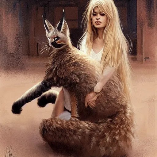 Image similar to young brigitte bardot rides a fluffy caracal in paris, hyperrealistic, detailed, art by greg rutkowski