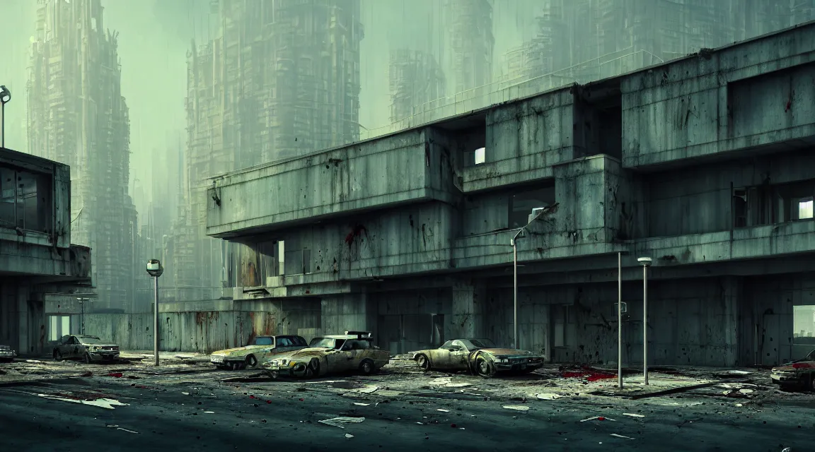 Prompt: post apocalyptic police station, building, avenue, extremely detailed, modern architecture, contemporary architecture, americana architecture, concrete architecture, tar roads, by shaddy safadi, neil blevins, trending on artstation, high quality, photorealistic, wild vegetation, blood stains on walls, 4 k resolution blade runner