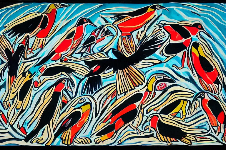 Prompt: a painting by norval morriseau of elon musk being eaten by vultures,