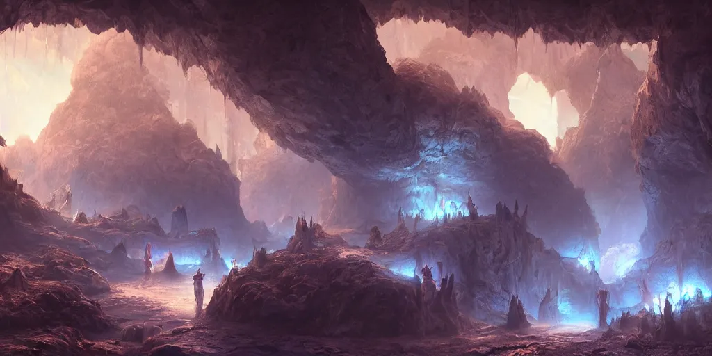 Prompt: beautiful matte painting of a cave with glowing crystals on the walls and bone piles on the floor, fantasy, sharp focus, artstation