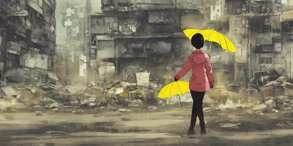 Image similar to backlit distant shot of girl in a parka running from a giant robot invasion side view, yellow parasol in deserted dusty shinjuku junk town, incredible wide screenshot, ultrawide, simple watercolor, rough paper texture, ghost in the shell movie scene, broken vending machines, bold graphic graffiti, old pawn shop, bright sun bleached ground, mud, fog, dust, windy, scary robot monster lurks in the background, ghost mask, teeth, animatronic, black smoke, pale beige sky, junk tv, texture, brown mud, dust, tangled overhead wires, telephone pole, dusty, dry, pencil marks, genius party, shinjuku, koji morimoto, katsuya terada, masamune shirow, tatsuyuki tanaka hd, 4k, remaster, dynamic camera angle, deep 3 point perspective, fish eye, dynamic scene