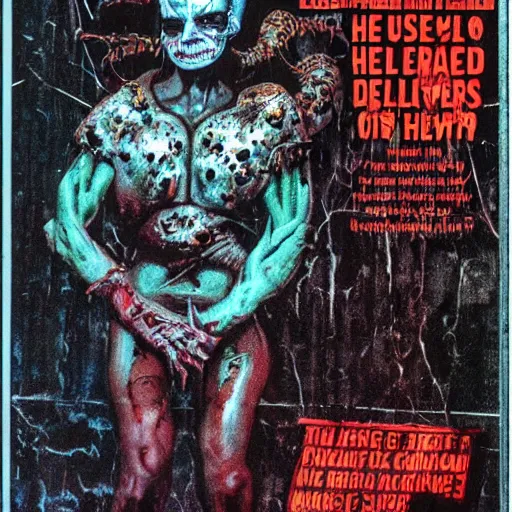 Image similar to 1 9 8 7 full - color photo in the style of clive barker featuring a cenobite welcoming you to the hellish underworld. high - quality promotional photography from an issue of a horror - cinema magazine ; terrifying.