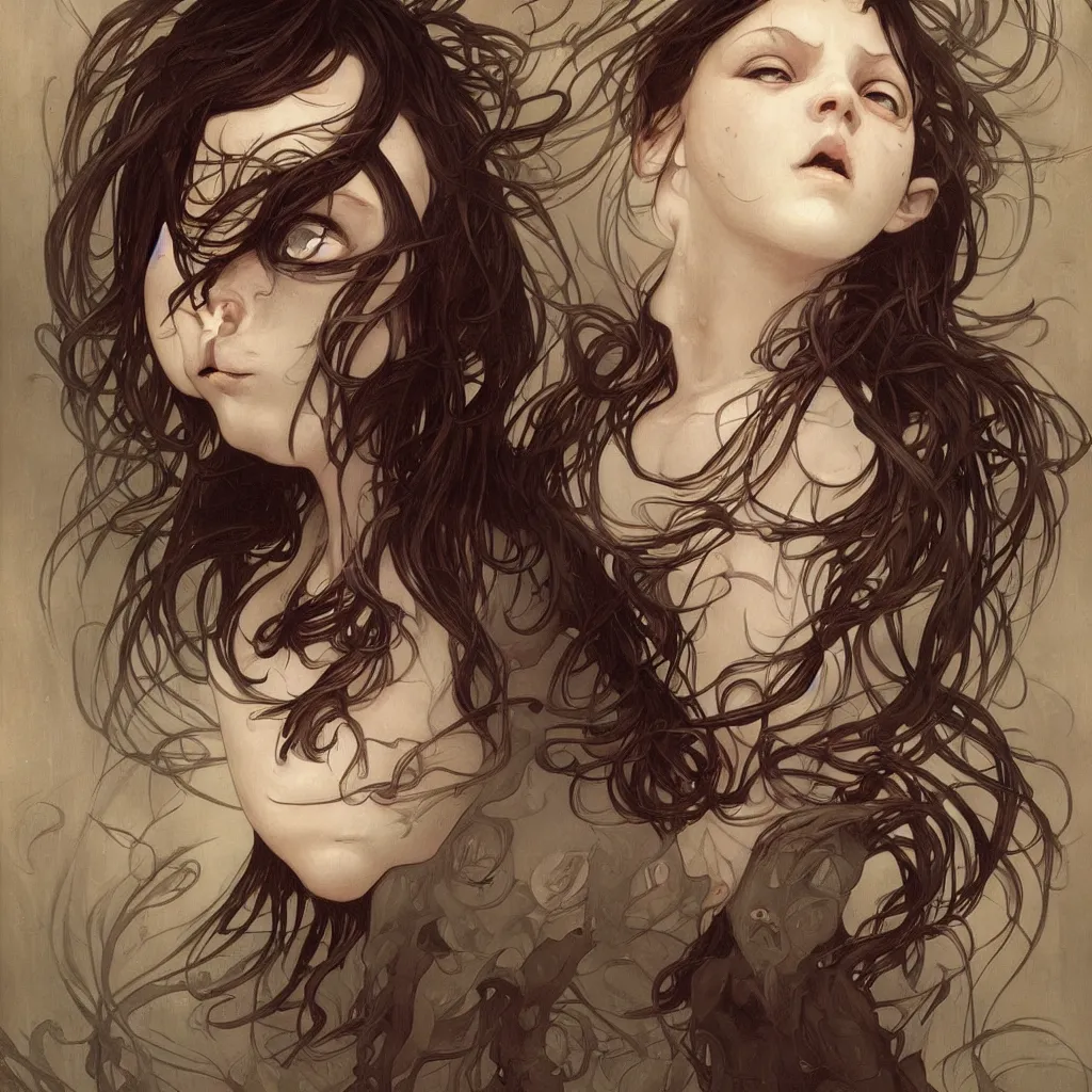 Image similar to a portrait of a child demon with dark hair!! by ross tran!!! and alphonse mucha and greg rutkowski! and gustav dore! and zdzisław beksinski!, in style of digital art illustration. symmetry. highly detailed face. fantasy, smooth, hyper detailed, sharp focus, soft light. trending on artstation.