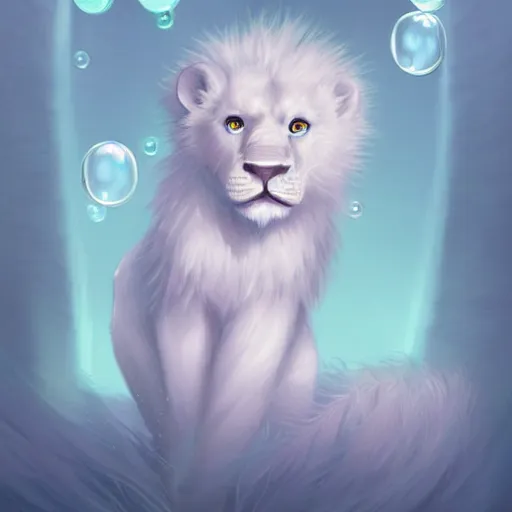 Image similar to aesthetic portrait commission of a albino male furry anthro lion cub popping floating bubbles while wearing a cute mint colored cozy soft pastel winter outfit, winter Atmosphere. Character design by charlie bowater, ross tran, artgerm, and makoto shinkai, detailed, inked, western comic book art, 2021 award winning painting