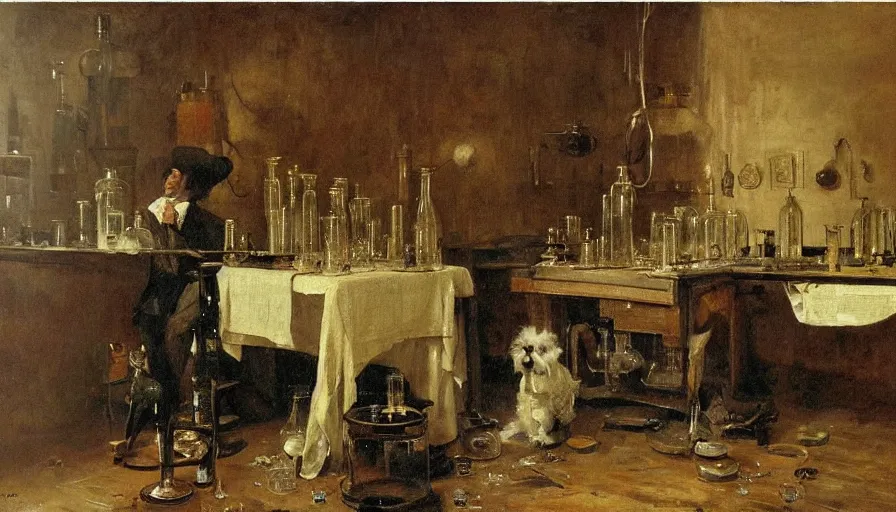 Prompt: in the styles of Thomas Eakins, Adolph Friedrich Erdmann von Menzel, Vasily Surikov , H.R. Giger. A miniature schnauzer working in dusty old laboratory with flasks and glassware and spilling substances, oil painting, by Greg Rutkowski. Hyper-realism, chemistry, caustics, liquids, acids