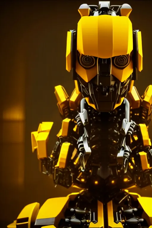Image similar to a cinematic still from westworld, full body yellow mech bumblebee, humanoid servo, octane render, nvidia raytracing demo, masterpiece, aged armor plating, aggressive head,