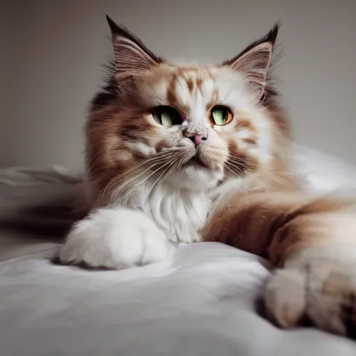 Image similar to very cute huge giant large calico main coon on bed, portrait, pixar style, cinematic lighting, award winning creature portrait photography