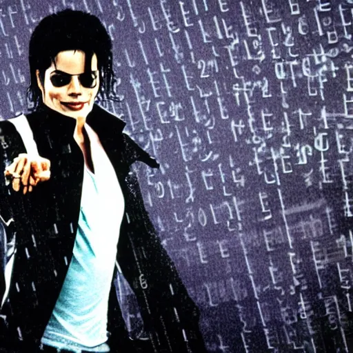 Prompt: Michael Jackson in the Matrix, raining codes background