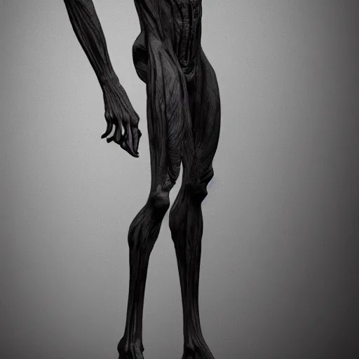 Image similar to photorealistic detailed tall skinny humanoid creature, extremly detailed, black and white, 8 k, realistic, sharp focus, cosmic horror creature, cosmic horror