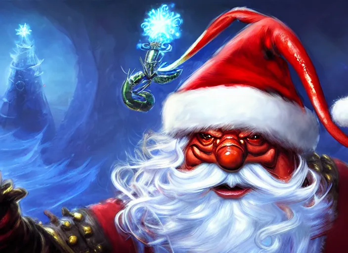 Image similar to magic : the gathering fantasy character concept art of anthropomorphic lobster wearing a christmas hat, by franz frazetta and marco bucci, high resolution. a clear portrait of powerful lobster impersonating santa, magical christmas wonderland in background, fantasy coloring, intricate, digital painting, artstation, smooth, sharp focus