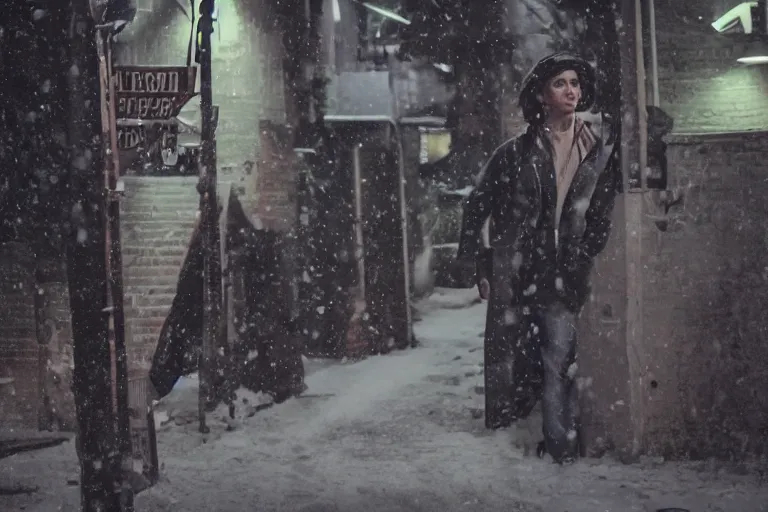 Image similar to movie shot of young man from back pacing lowering head dressed in short leather bomber jacket to empty narrow alley with street lamps in park with pines to the horizon, with hands in pockets, snowfall at night, mullet long haircut, black hairs, cinematic, dramatic, detailed, realistic, movie shot, low greenish lighting