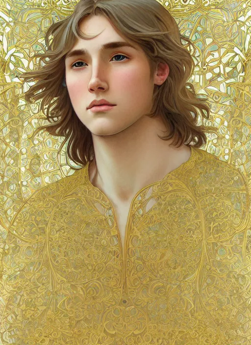 Image similar to pretty young man with shoulder length shiny shimmering golden blond hair, half body shot, decorative flowery background, path traced, highly detailed, high quality, digital painting, by studio ghibli and alphonse mucha, leesha hannigan, hidari, disney, jules bastien - lepage