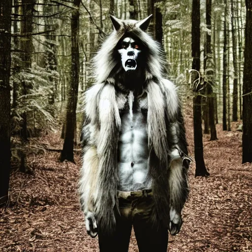 Image similar to werecreature consisting of a human and wolf, photograph captured in a forest