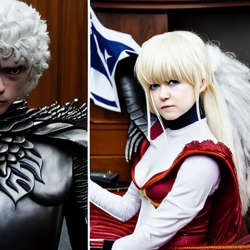 Image similar to a person cosplaying griffith from berserk by kentaro miura sitting at oval office desk with american flag