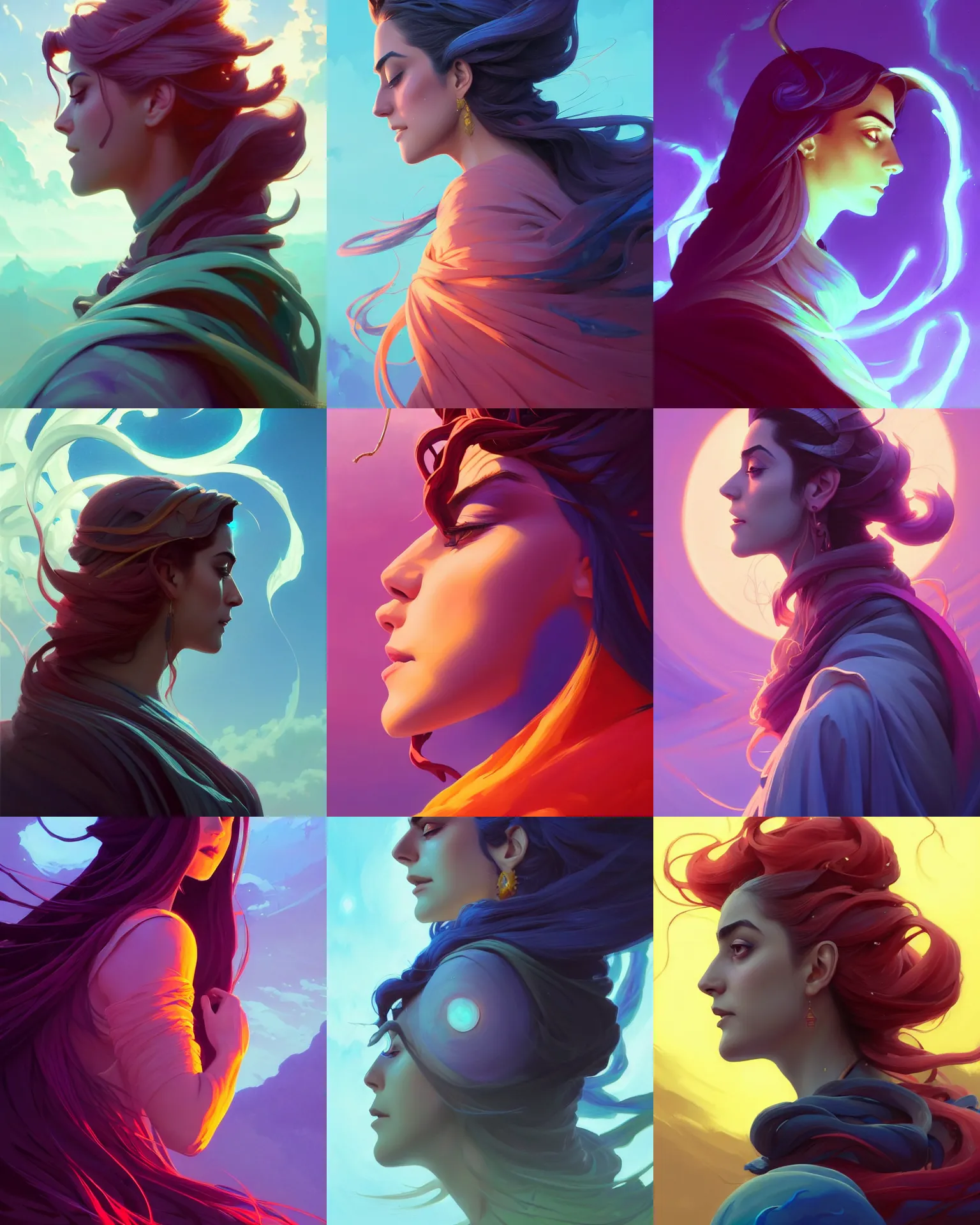 Prompt: side profile centered painted portrait, Maya Ali as a Elden Ring storm mage, D&D, matte painting concept art, beautifully backlit, official fanart, 4k, HDR, Trending on artstation, Behance, Art Nouveau, chromatic colours, by Jesper Ejsing and RHADS and Makoto Shinkai and Lois van baarle and ilya kuvshinov and rossdraws and Cushart Krentz and Gilleard James