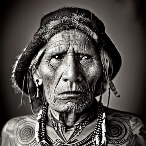 Prompt: hopi shaman, 7 0 yo, annoyed look, tattoos, dark background, studio light, hdr, nikon 2 4 mm f / 1. 8 g, by sebastiao salgado