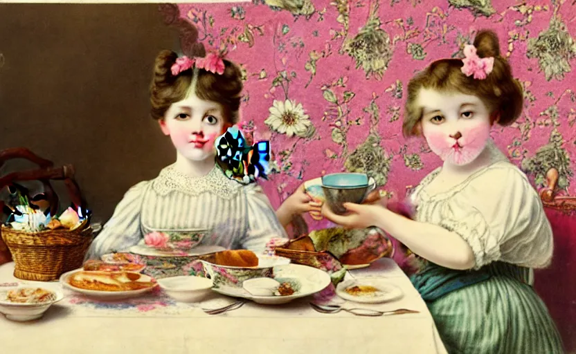 Image similar to a girl has breakfast with her cat at the table filled with food, flowery wallpaper, 1 8 8 0 s style, professional photography, color