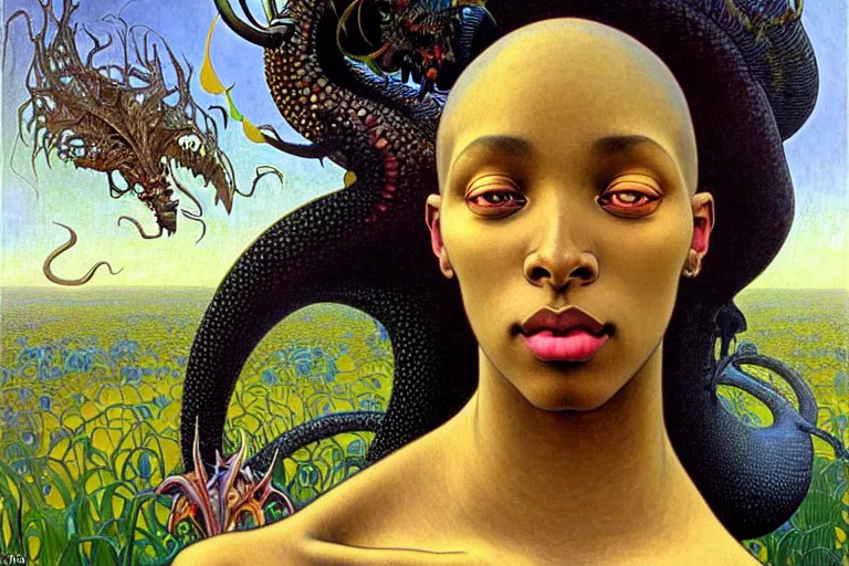 Image similar to realistic extremely detailed closeup portrait painting of a beautiful black woman, mutant dragon and a single old house on background by Jean Delville, Amano, Yves Tanguy, Alphonse Mucha, Ernst Haeckel, Edward Robert Hughes, Roger Dean, rich moody colours