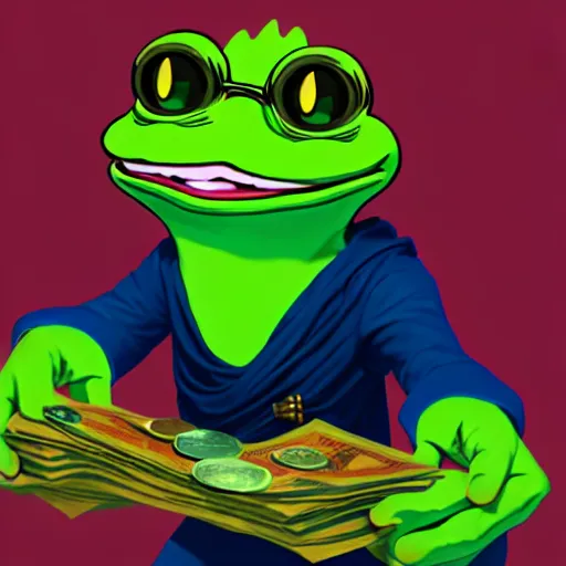 Image similar to super rich happy pepe, luxury, treasury, coins, money, hyper detalied, blue crystals, greg rutkowski, artstation