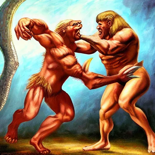 Image similar to a realistic muscular blonde neanderthal man fighting dinosaur, painting